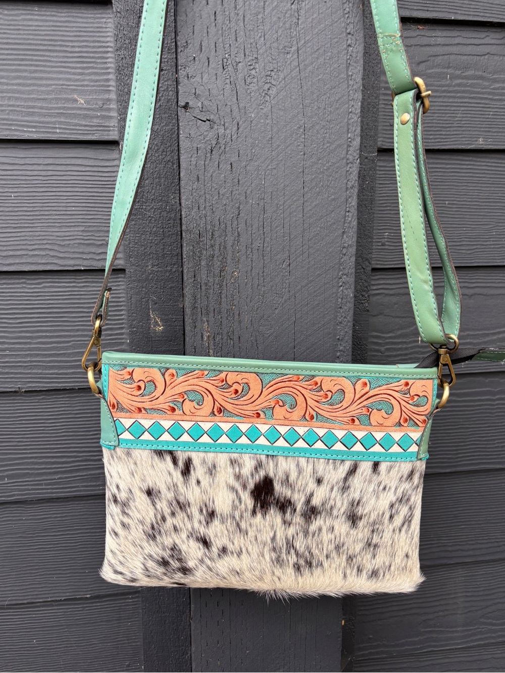 Turquoise & Tan Patterned Crossbody Bag with Haircalf Accent